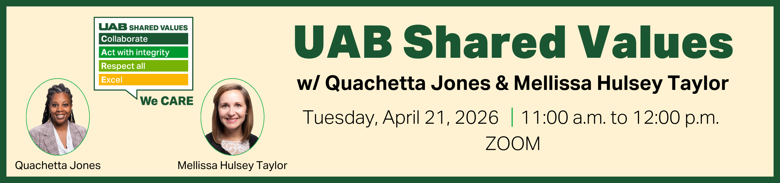 Register for UAB Shared Values, Quinchetta Jones and Hulsey Taylor, April 21, 2026, 11:00 a.m. to 12:00 p.m., Zoom