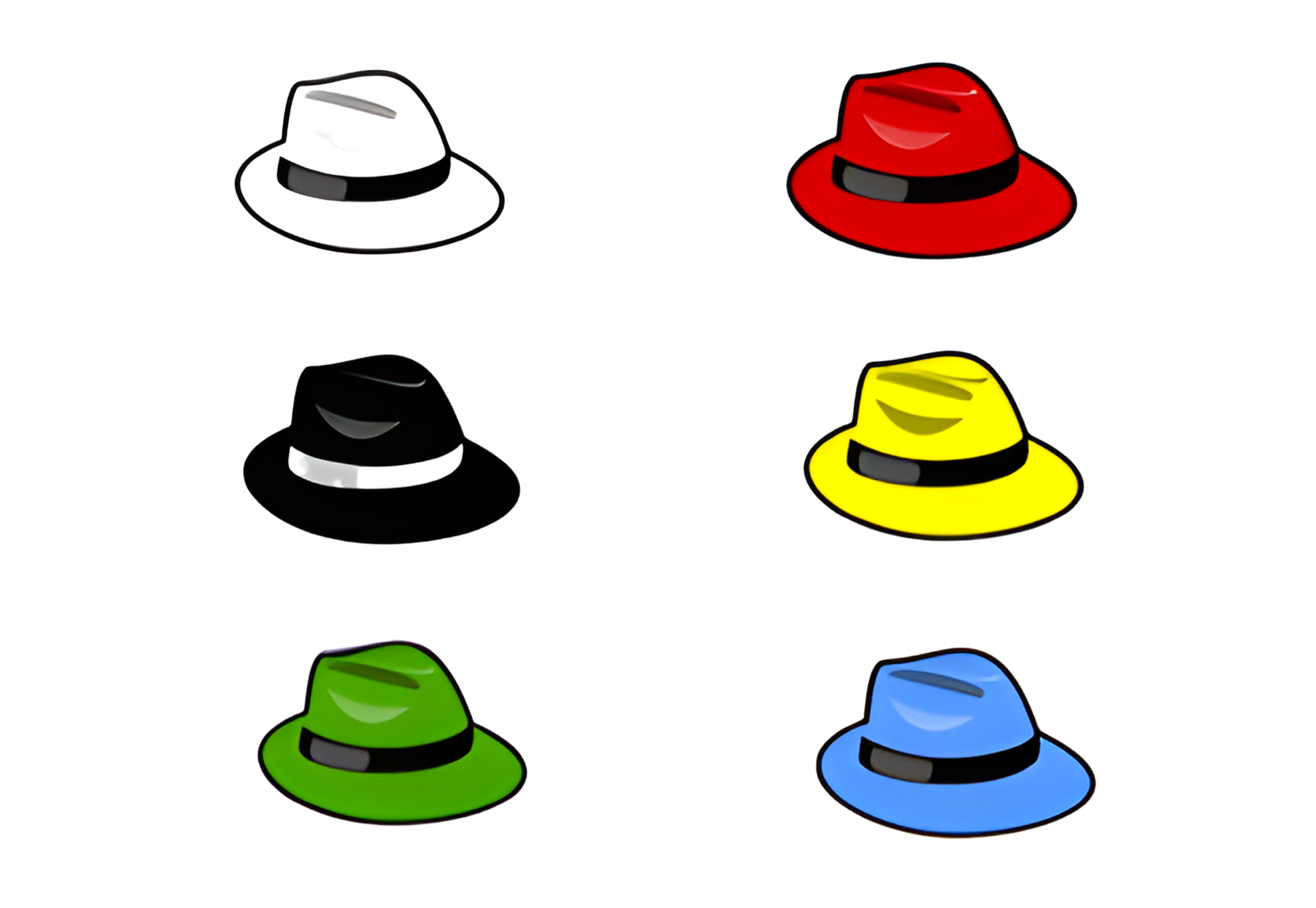 Six hats which are different colors, one each, of white, red, black, yellow, green, and blue.
