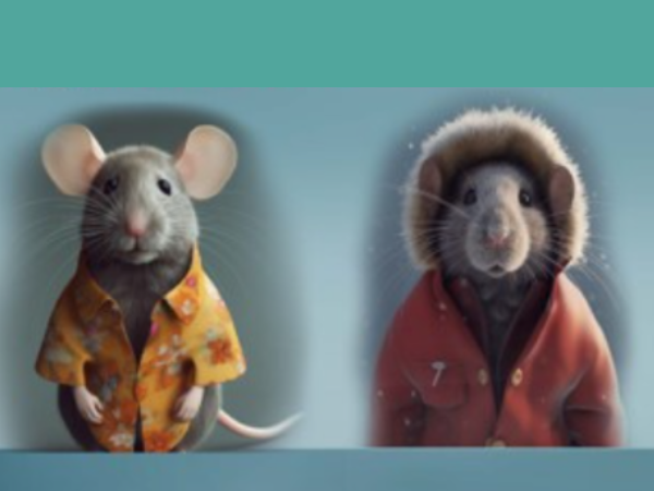 Two anthropomorphic mice stand side by side, each dressed in clothing. The mouse on the left wears a yellow patterned Hawaiian-style shirt, while the mouse on the right wears a red winter coat with a fur-lined hood. Both are posed against a soft, blue-toned background.