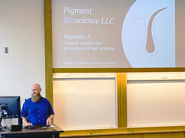 Joseph Palmer pitches a plan for Dr. Melissa Harris' topical solution to prevent hair graying.