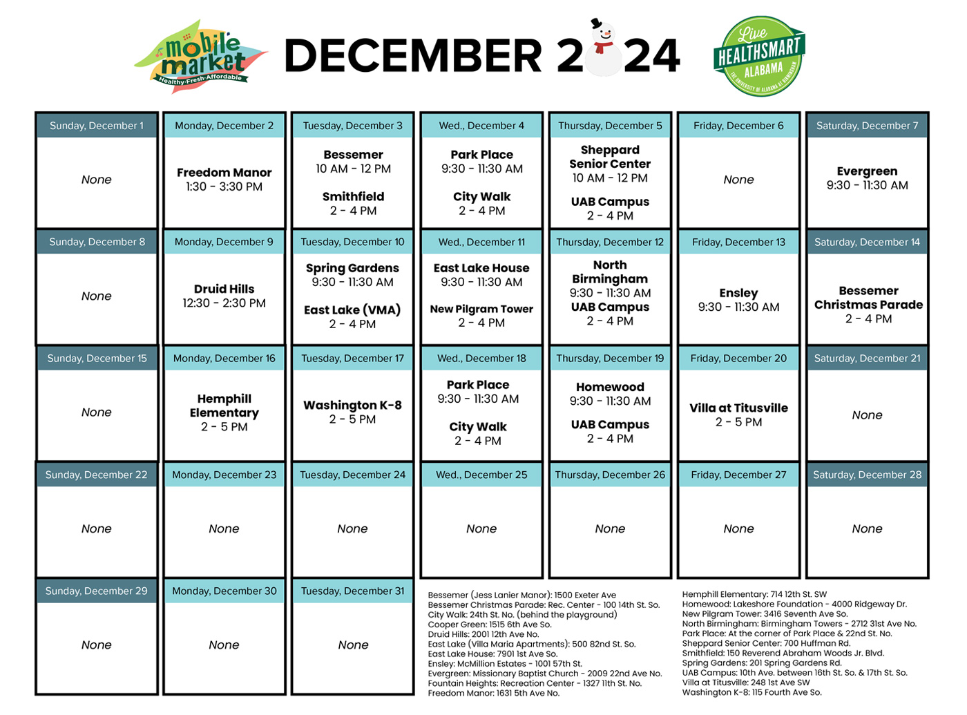 Mobile Market Van Schedule - follow link to pdf version. 