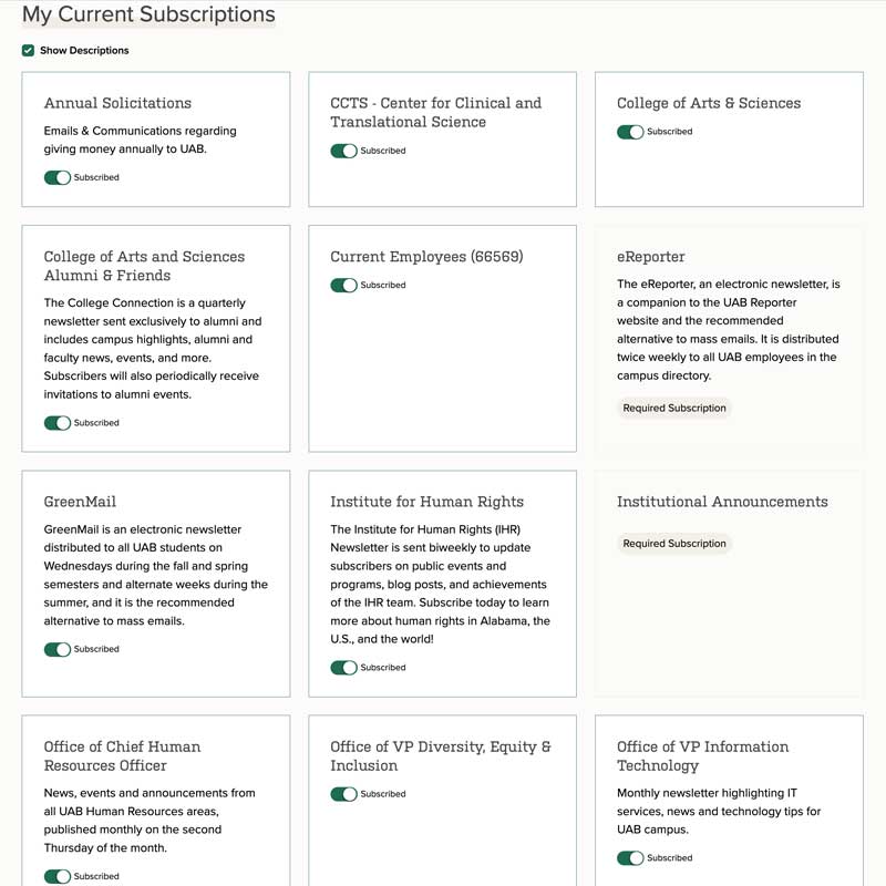 Screenshot of subscription center