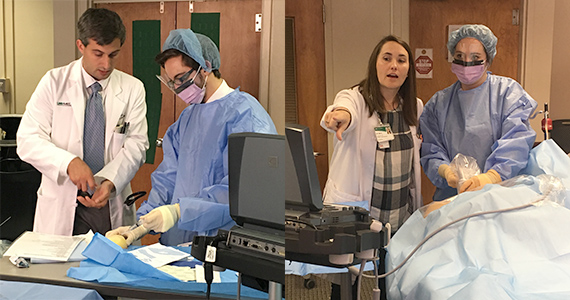 Residents practice placing a central venous line in the simulation center