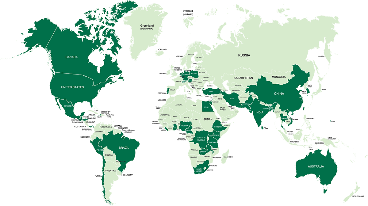 image of a map of regions UAB partners with which includes parts of North America, South America, Africa, Europe, Asia, and Australia