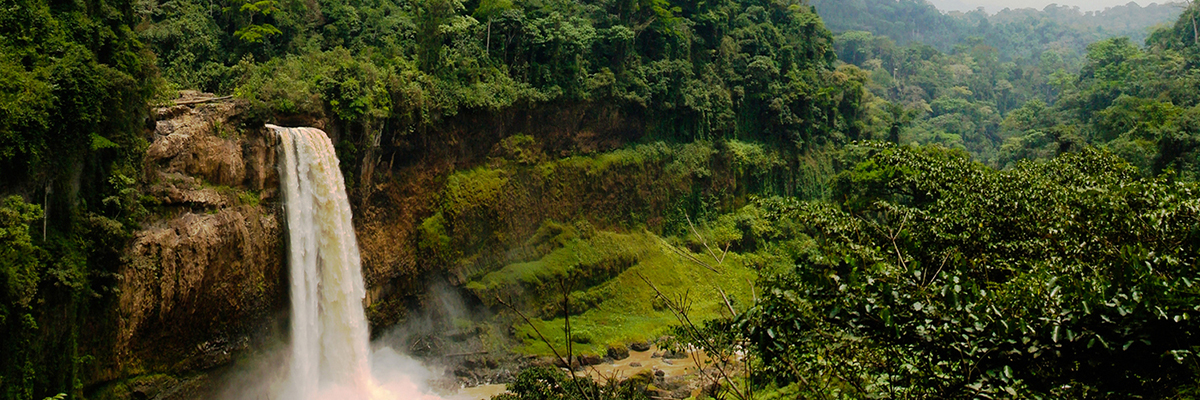 Panorama of main cascade of Ekom waterfall at Nkam river, Cameroon