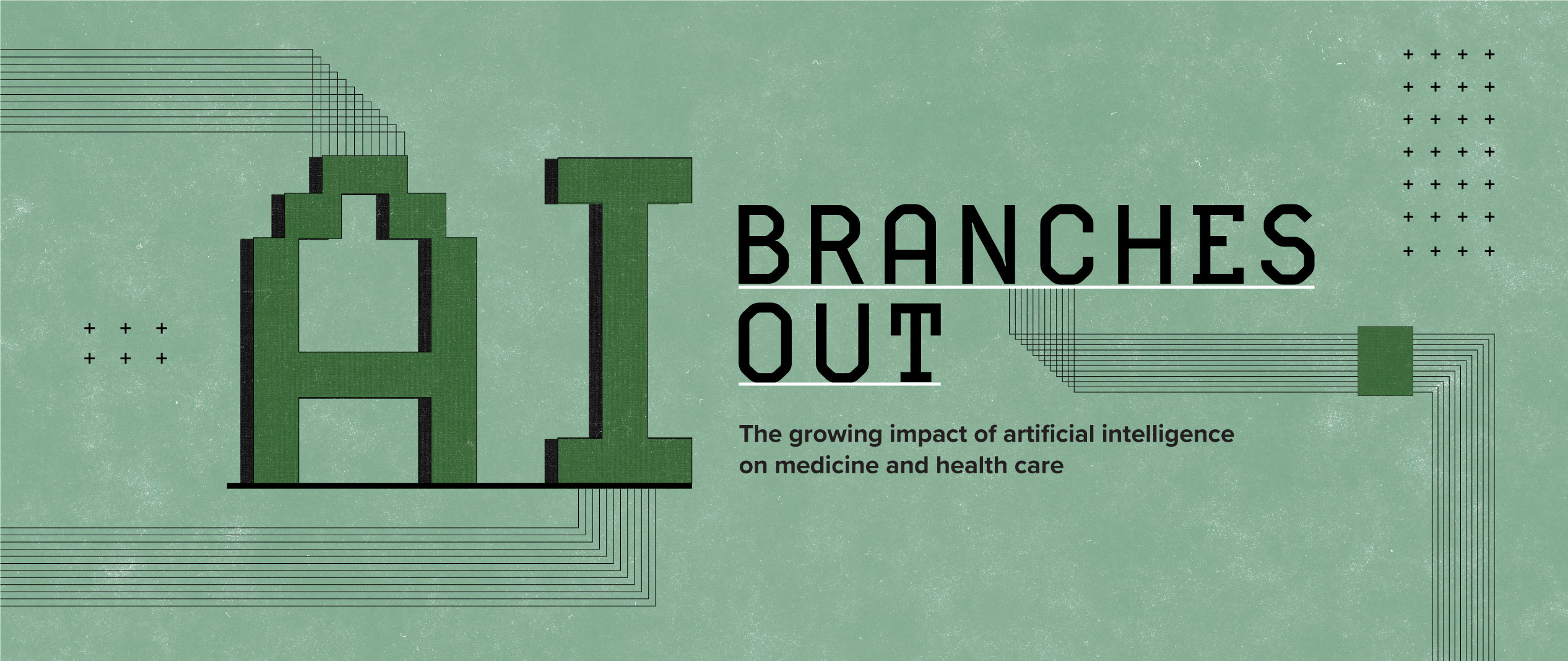 AI Branches Out- the text written in a pixel-art-inspired font on a mint green background, with thin black lines creating a circuitry motif.