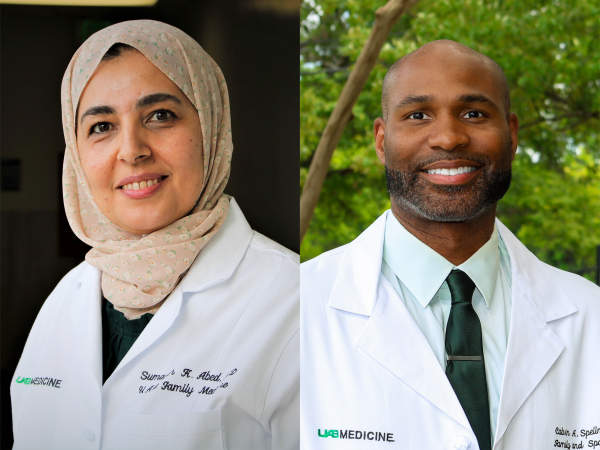 Drs. Sumayah Abed and Calvin Spellmon smile in separate headshots while wearing their medical white coats