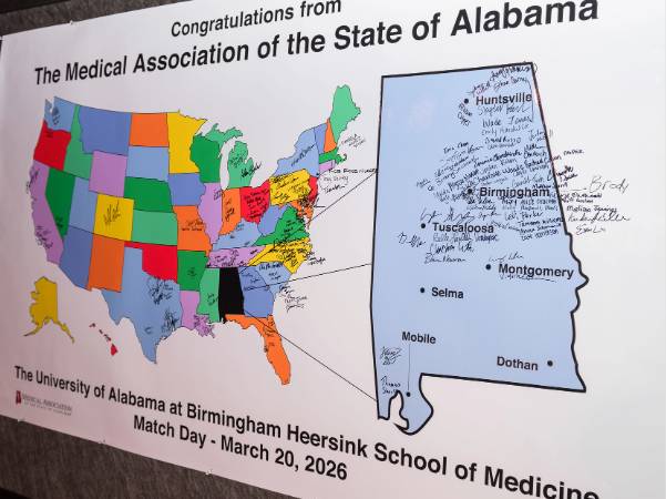 Map showing a large state of Alabama covered in signatures