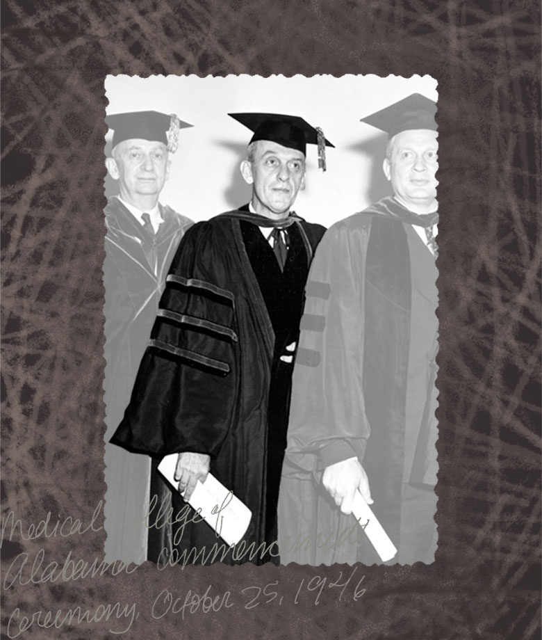 Dean Kracke in robes for the commencement ceremony of Medical College of Alabama in Birmingham, October 25, 1946.