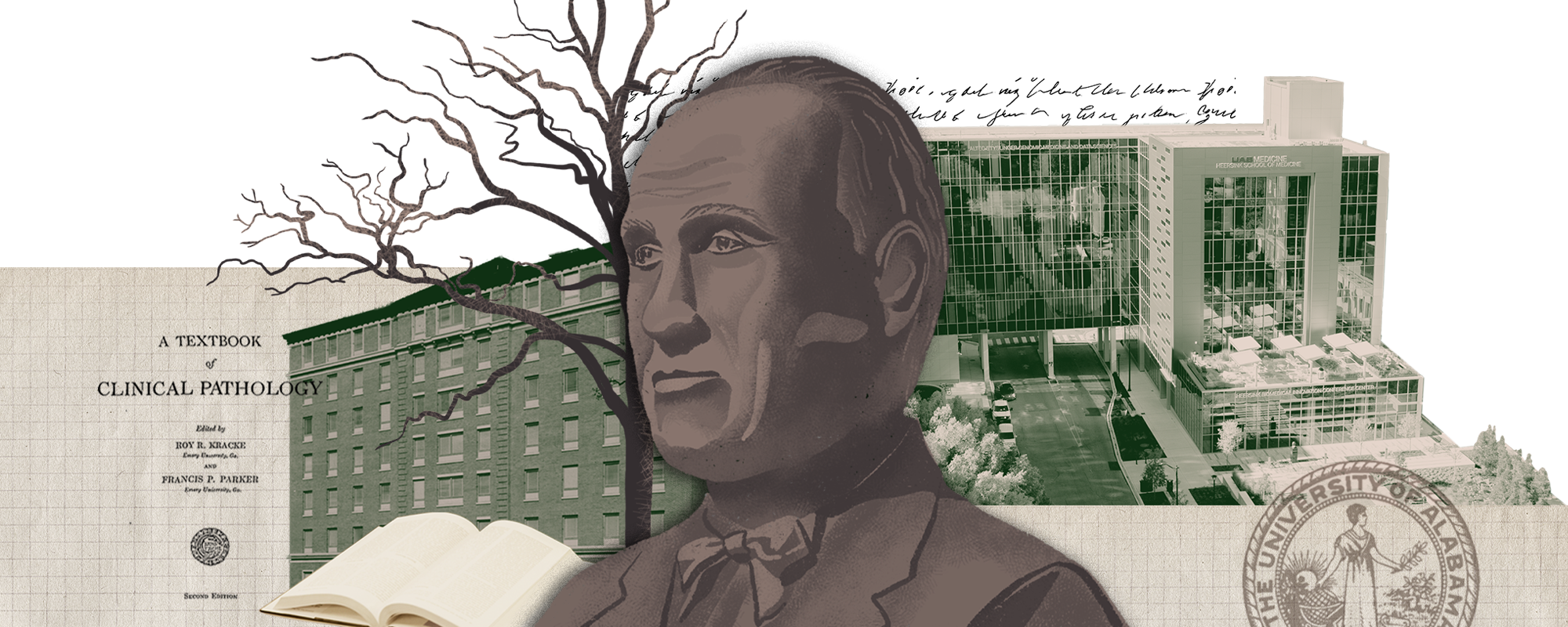 A collage image with an illustration of the sculptural bust of Dr. Roy Kracke. The background collage contains images of campus buildings featured in the story, signifying past and future growth.
