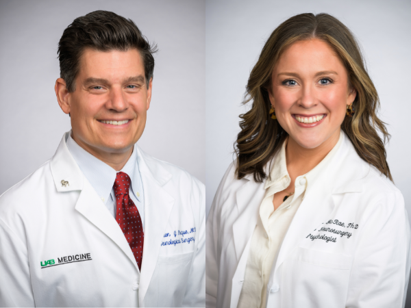 From right to left, a professional man in a white doctor's coat with a red tie and a professional woman in a white doctor's coat.