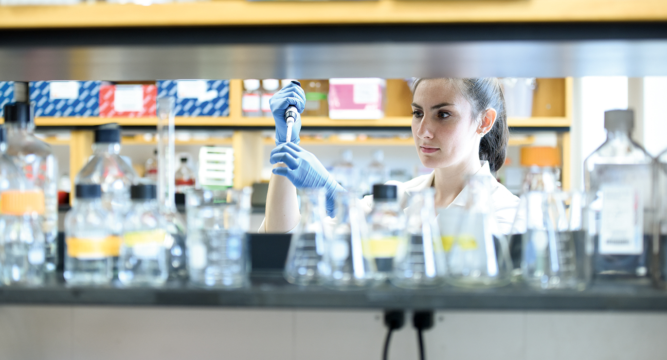 Unidentified woman is working in the laboratory of the Multiple Sclerosis Center, 2018.