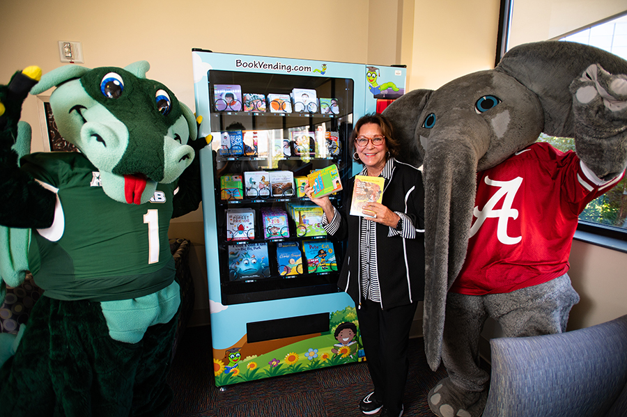 250828 UAB Hospital Womens and Infants Center WIC NICU Bookself Blaze Big Al Terry Saban Book Vending Machine IML 001 1169