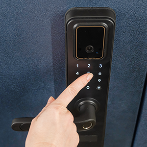 Smart door lock with number pad and fingerprint sensor