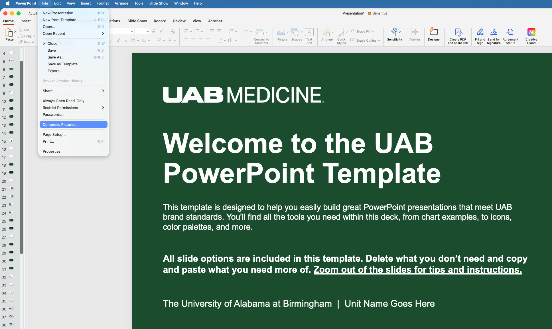 Screenshot of Microsoft PowerPoint, showing how to Compress Pictures.