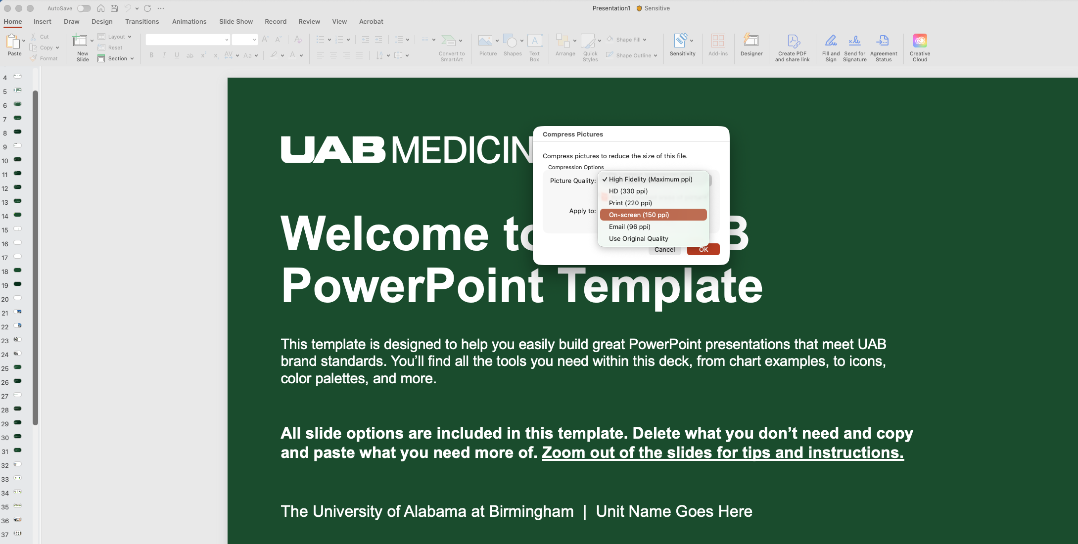 Screenshot of Microsoft PowerPoint, showing how to Compress Pictures.