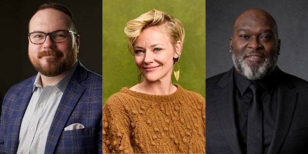 Three studio headshots: person in blue plaid blazer with glasses; person in brown sweater on green background; person in black suit on dark background.