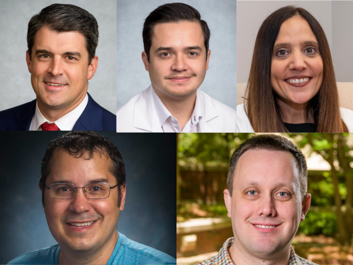 A grid of headshots separated in two rows. The first row has three, and the second one has two.