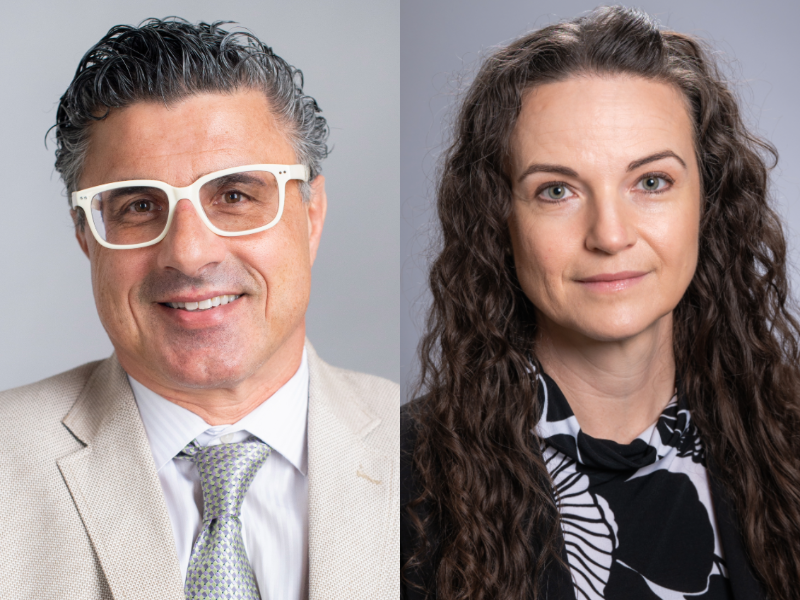 Headshots depicting Aurelio Galli, Ph.D., D.Sc., and Angela Carter, Ph.D,, standing in front of grey backgrounds.