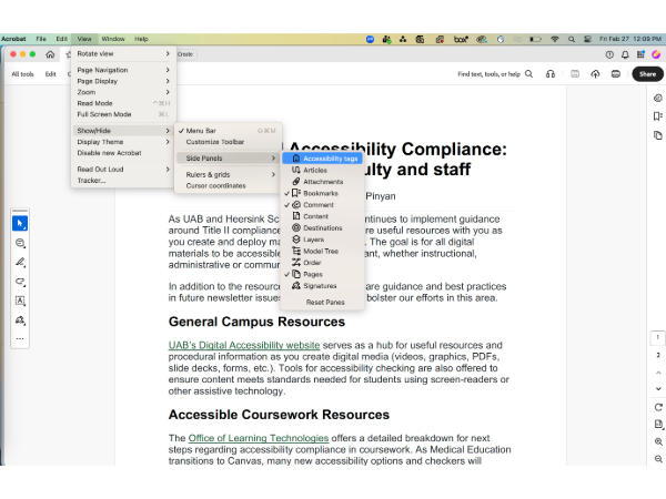 A screenshot showing how to enable accessibility tags in a PDF.