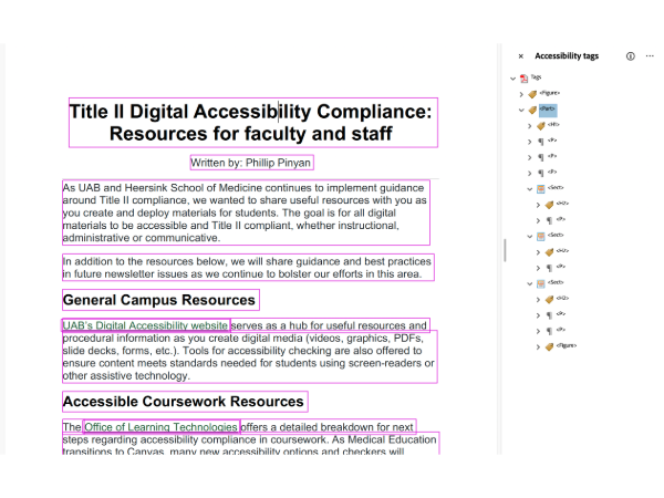 A screenshot showing how to review accessibility tag reading order.