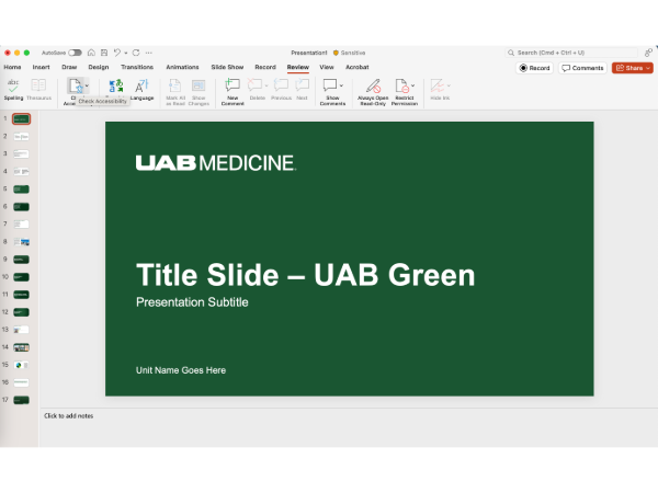 A screenshot showing how to access accessibility checker in PowerPoint.