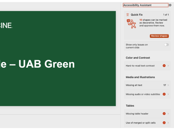 A screenshot showing the accessibility panel in PowerPoint.