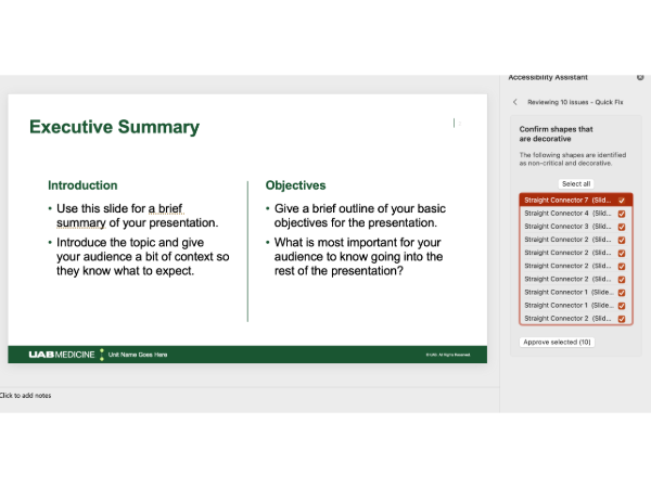 A screenshot showing how to review image elements in PowerPoint.