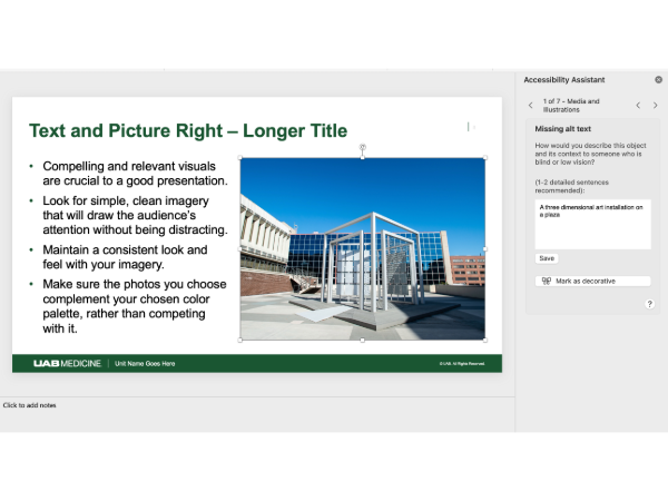 A screenshot showing how to apply alt text in PowerPoint.