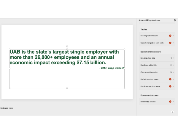 A screenshot showing how to review slide reading order in PowerPoint.