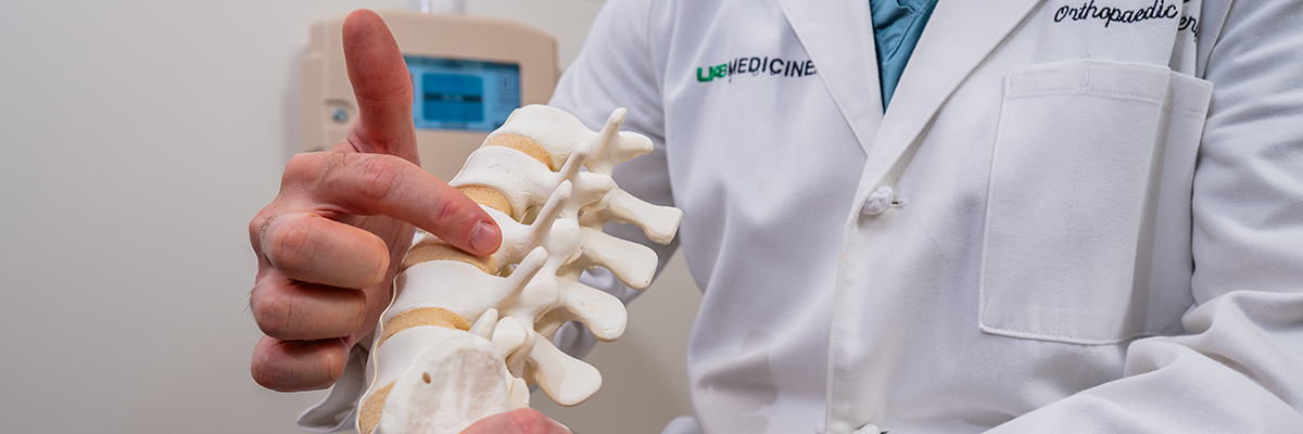 Provider pointing to model of spine