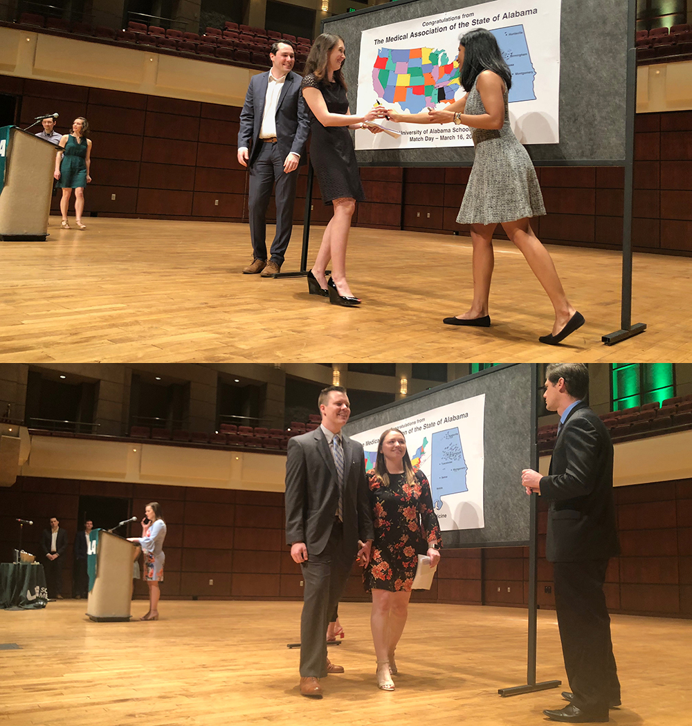 UAB medical students Kathryn Hudak (top) and Mary Smithson (bottom) match into the UAB General Surgery Residency Program on Match Day, March 16, 2018, at Margaret Cameron Spain Auditorium.