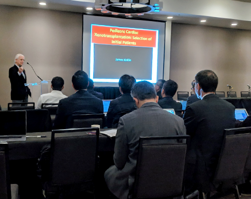 Dr. James Kirklin, UAB professor of cardiothoracic surgery, discusses which pediatric heart conditions may be potential opportunities for future xenotransplantation at UAB's 2019 xenotransplantation conference. (Photo by Daniel Bracker)