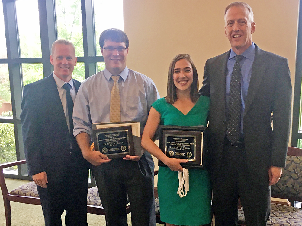 At the May 19, 2017, School of Medicine Birmingham Campus Awards’ Luncheon, Travis Hull and Lauren Theiss were named inaugural recipients of the Robert J. Cerfolio Award for Outstanding Medical Student in General Surgery and the Mary T. Hawn Award for Outstanding Woman Medical Student, respectively. 