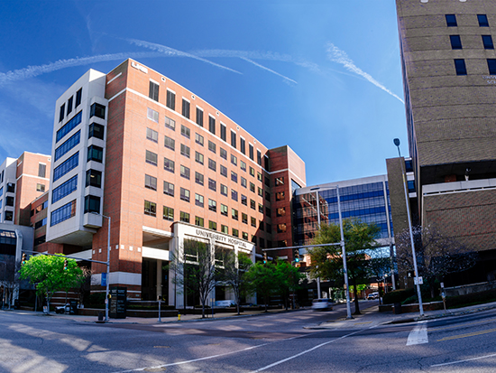 Exterior of University Hospital North Pavilion, March 2020.