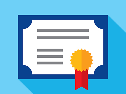 Vector illustration of a certificate against a blue background in flat style.