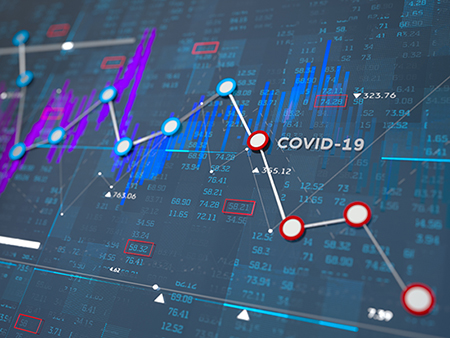 Digital generated image of financial line chart showing fallings because of coronavirus COVID-19 on blue background.