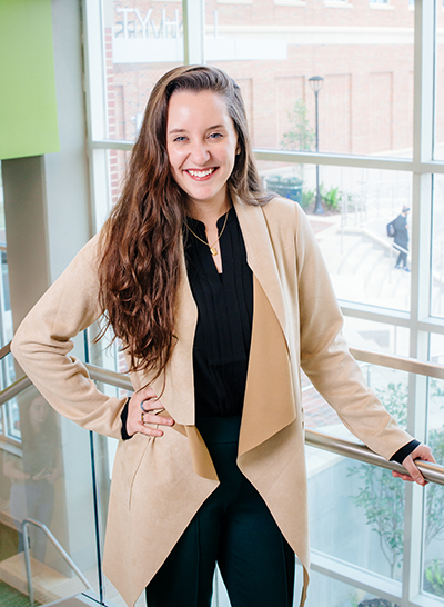 Environmental shot of Leah Perz (Student, International Studies and Foreign Languages) taken inside University Hall, 2020.