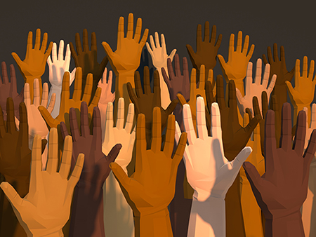 Digital generated image of multi-ethnic arms raised in the air on dark gray background.