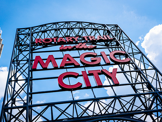 Close-up of "Rotary Trail in the Magic City" sign on 20th Street at 1st Avenue South.