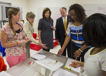 UAB Provost Linda Lucas and Gov. Robert Bentley visit educators at Oak Mountain Middle School during the AMSTI Summer Institute.