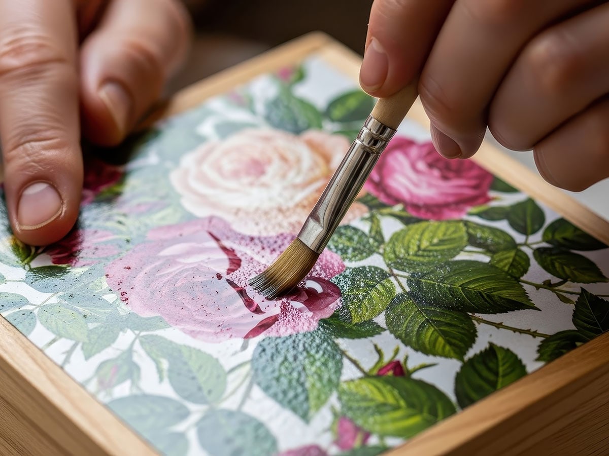  closeup of two hands as a person applies a coat of clear sealant to a floral paper collage