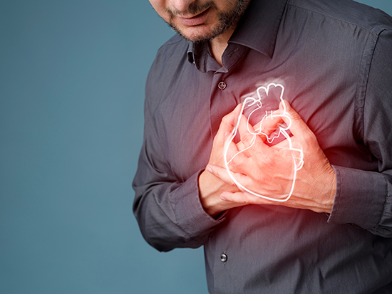 Man grabbing chest with heart illustration illuminated. 