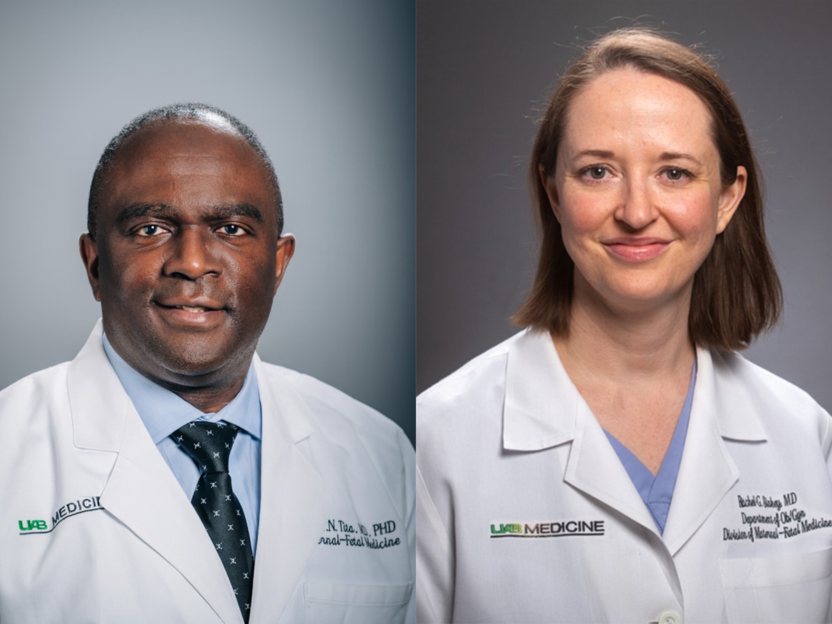 Headshots of Alan Tita and Rachel Sinkey in white coats. 