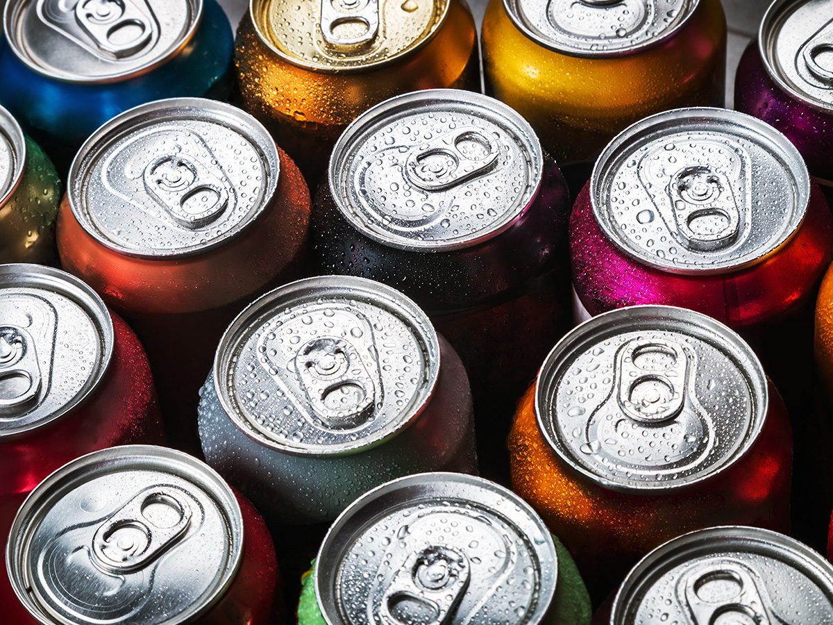 The view from the top of aluminum drink cans. 