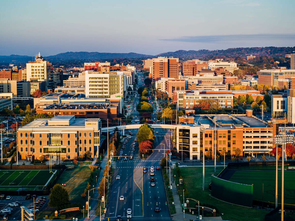 UAB skyline from the west University Boulevard and campus buildings at sunset.