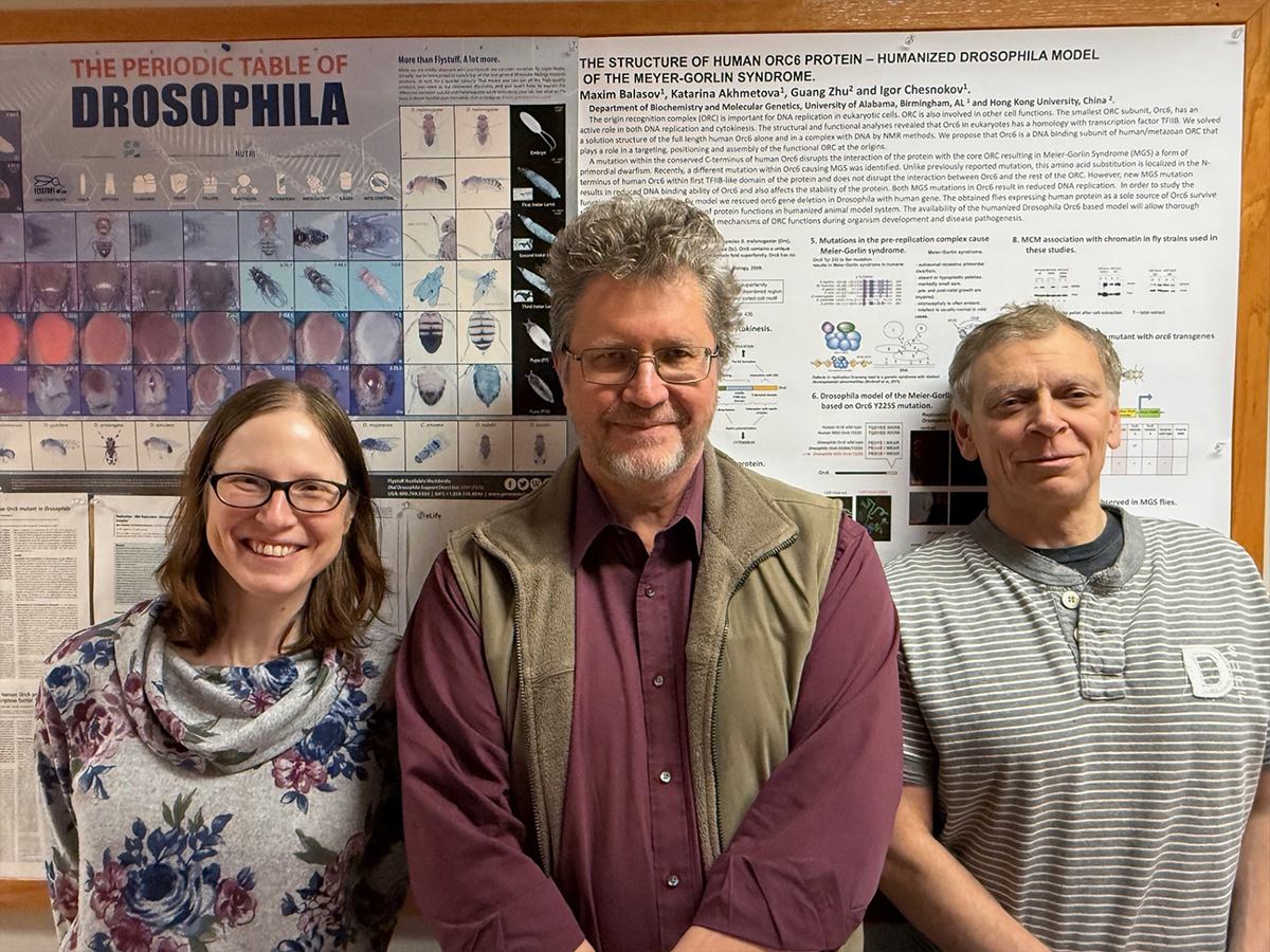 Photo of three researchers in a lab standing in front of research posters. Left to right, Katarina Akhmetova, Igor Chesnokov and Maxim Balasov. 
