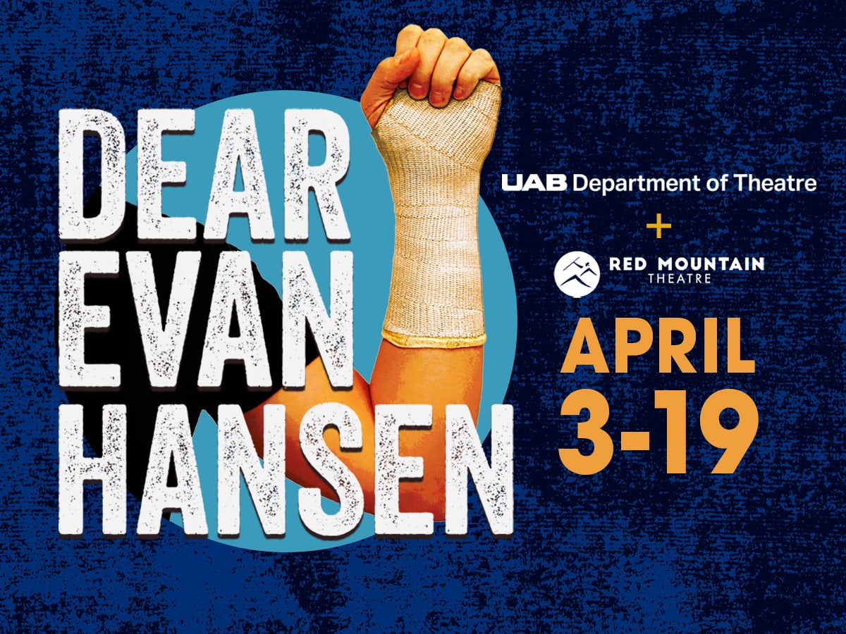 A blue graphic features an arm in a cast raised to the sky, with the title of the play in white letters.