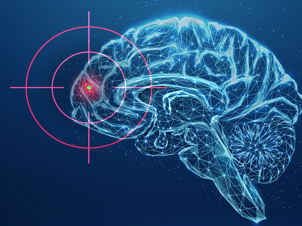 Abstract blue brain with target on frontal lobe.