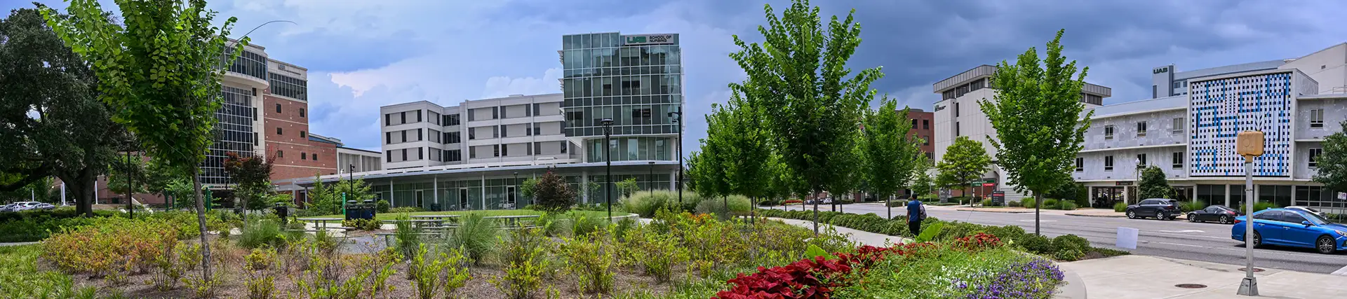 UAB School of Nursing building as seen from the corner of Unity Park